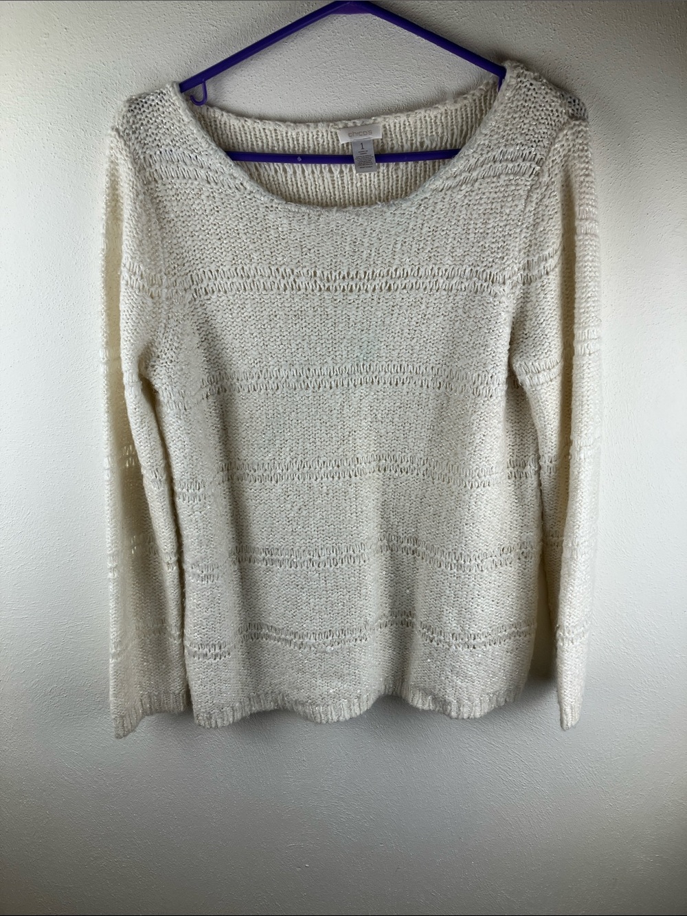Chico's Metallic Sequined Open Knit Sweater Cream Ivory Sz 1 M Alpaca Blend